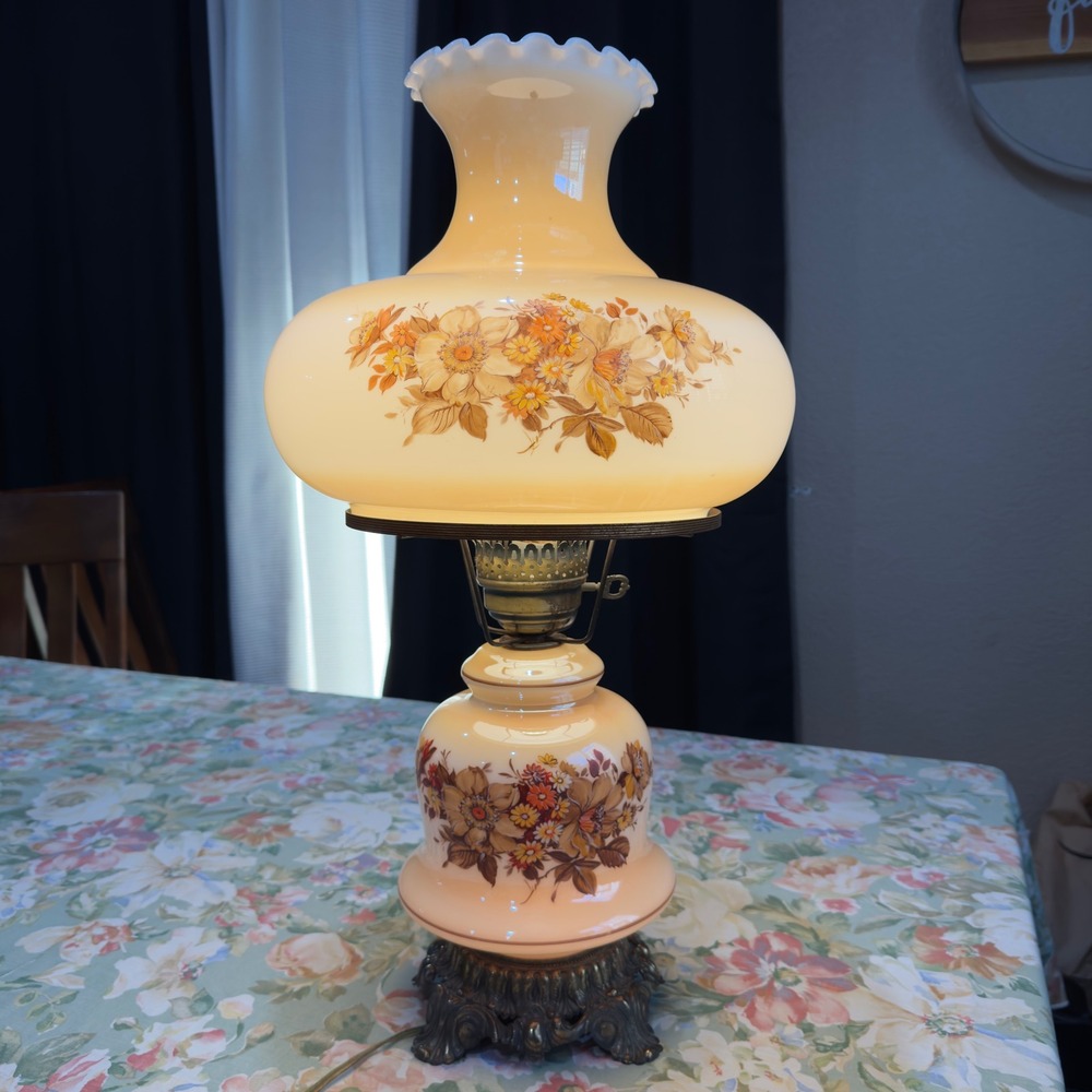 Vintage GWTW Hurricane Lamp Milk Glass Floral Ruffled Shade Electric 24 Inch